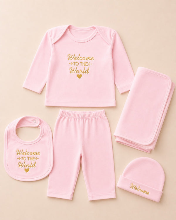 Welcome to the World – Newborn Baby Gift Set | 5-Piece Pink Set Gen1kidswear